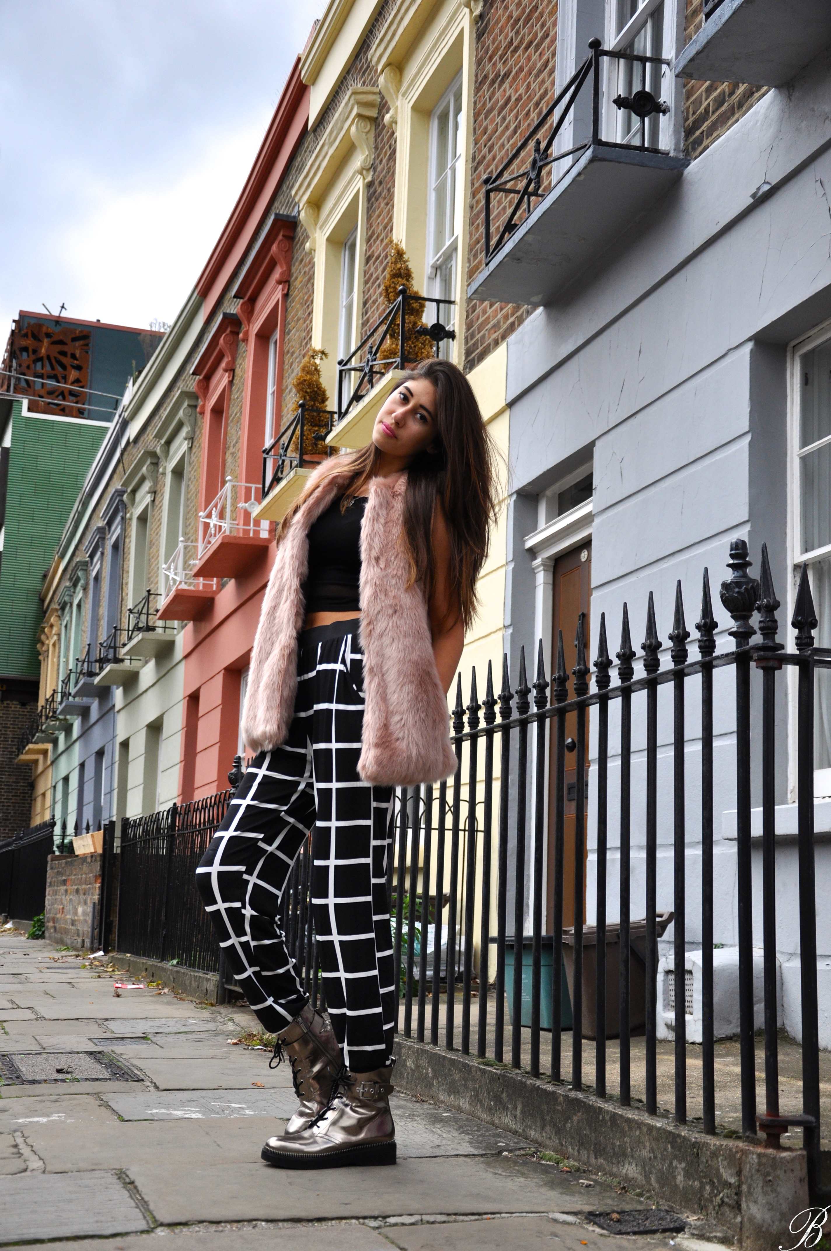 pink fur and striped pants