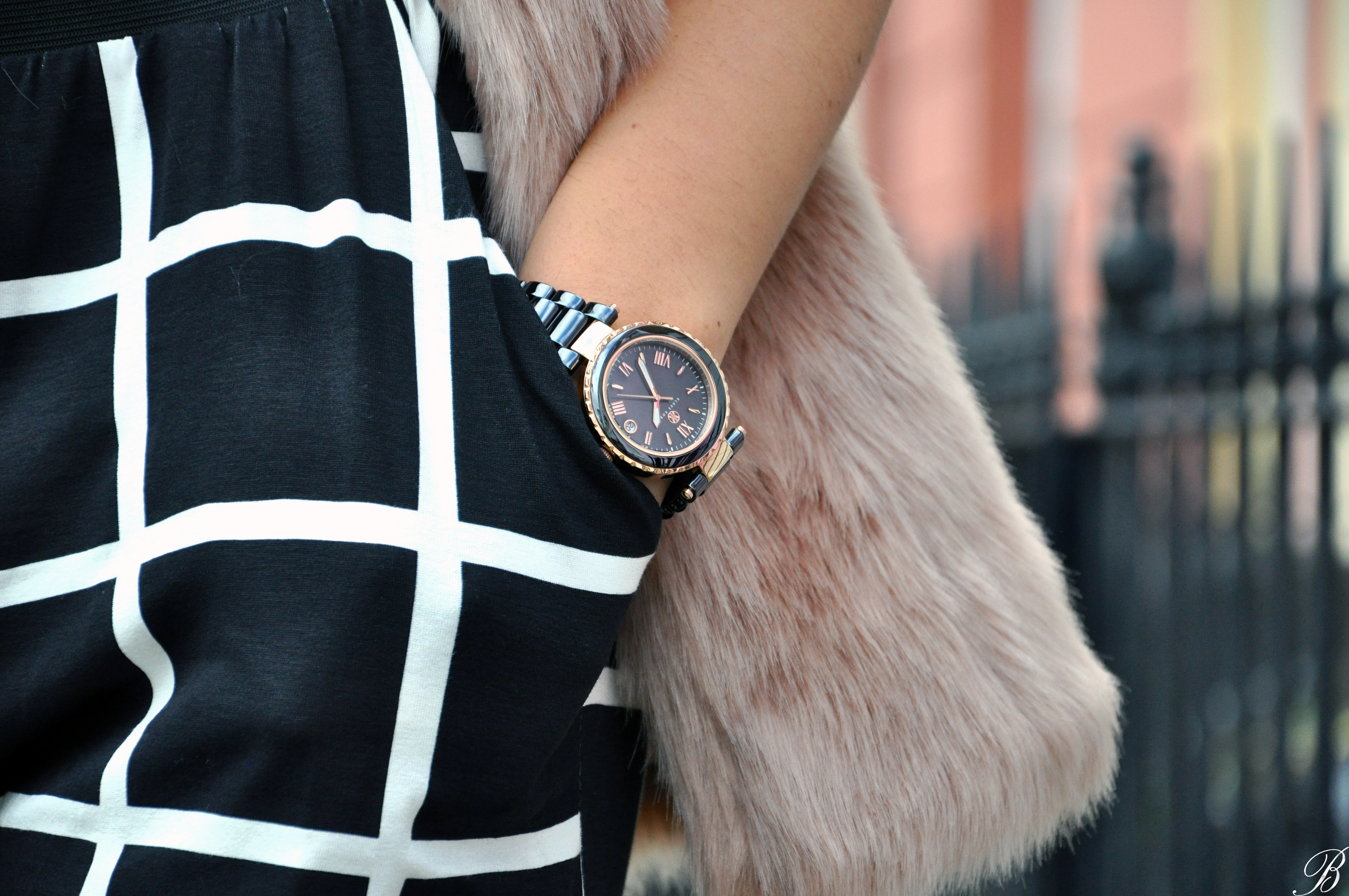 pink fur and striped pants