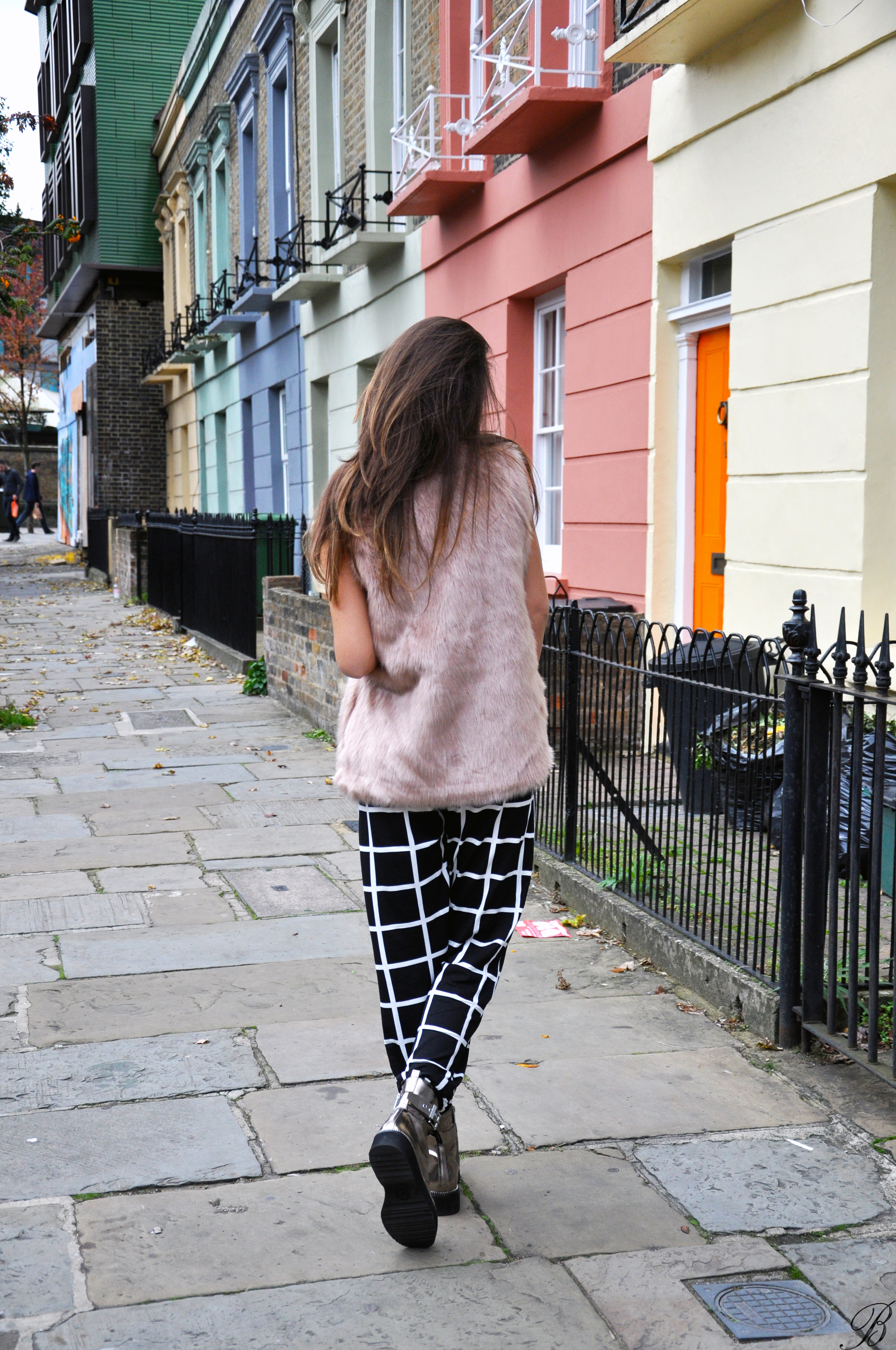 pink fur and striped pants