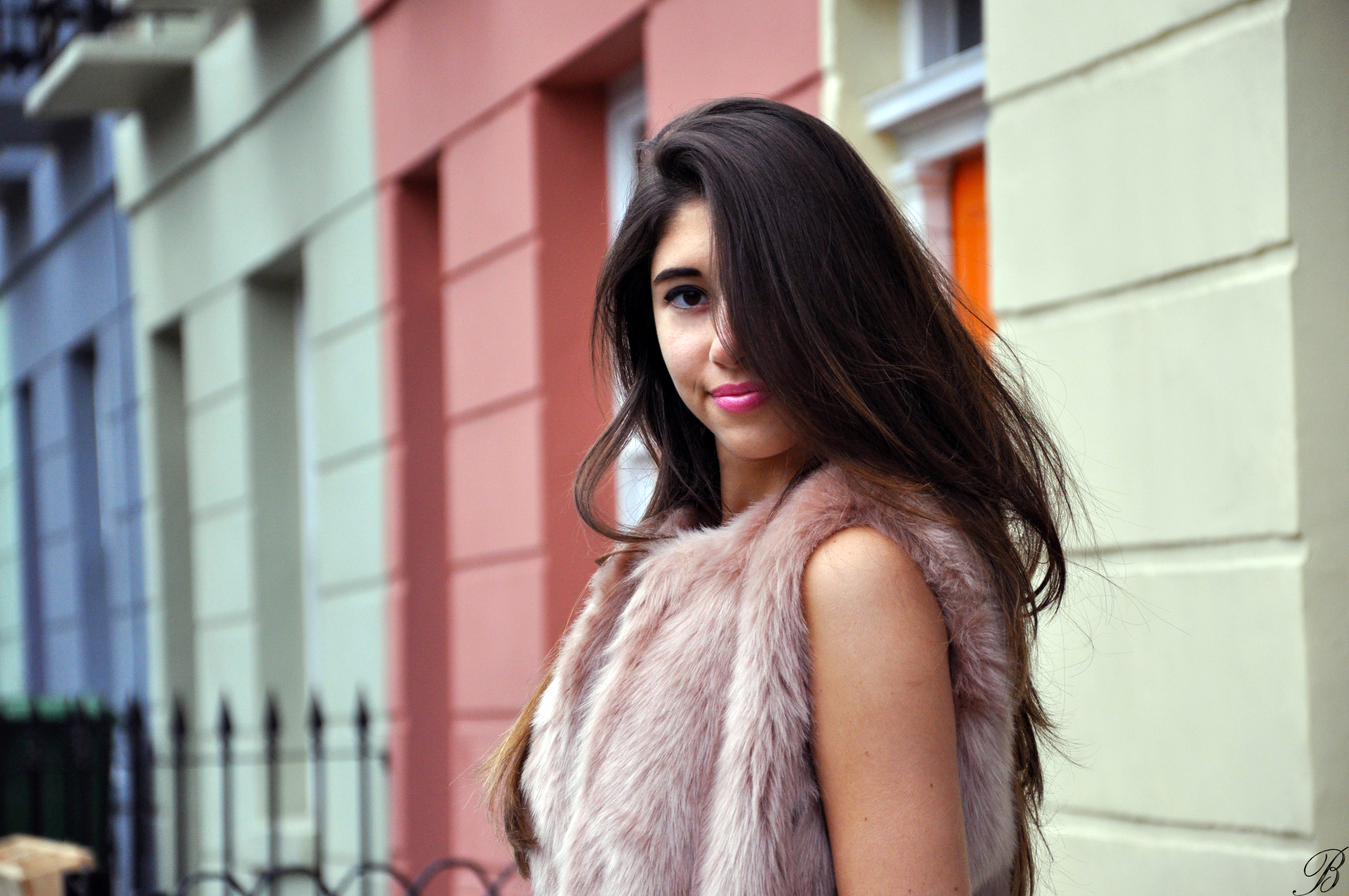 pink fur and striped pants