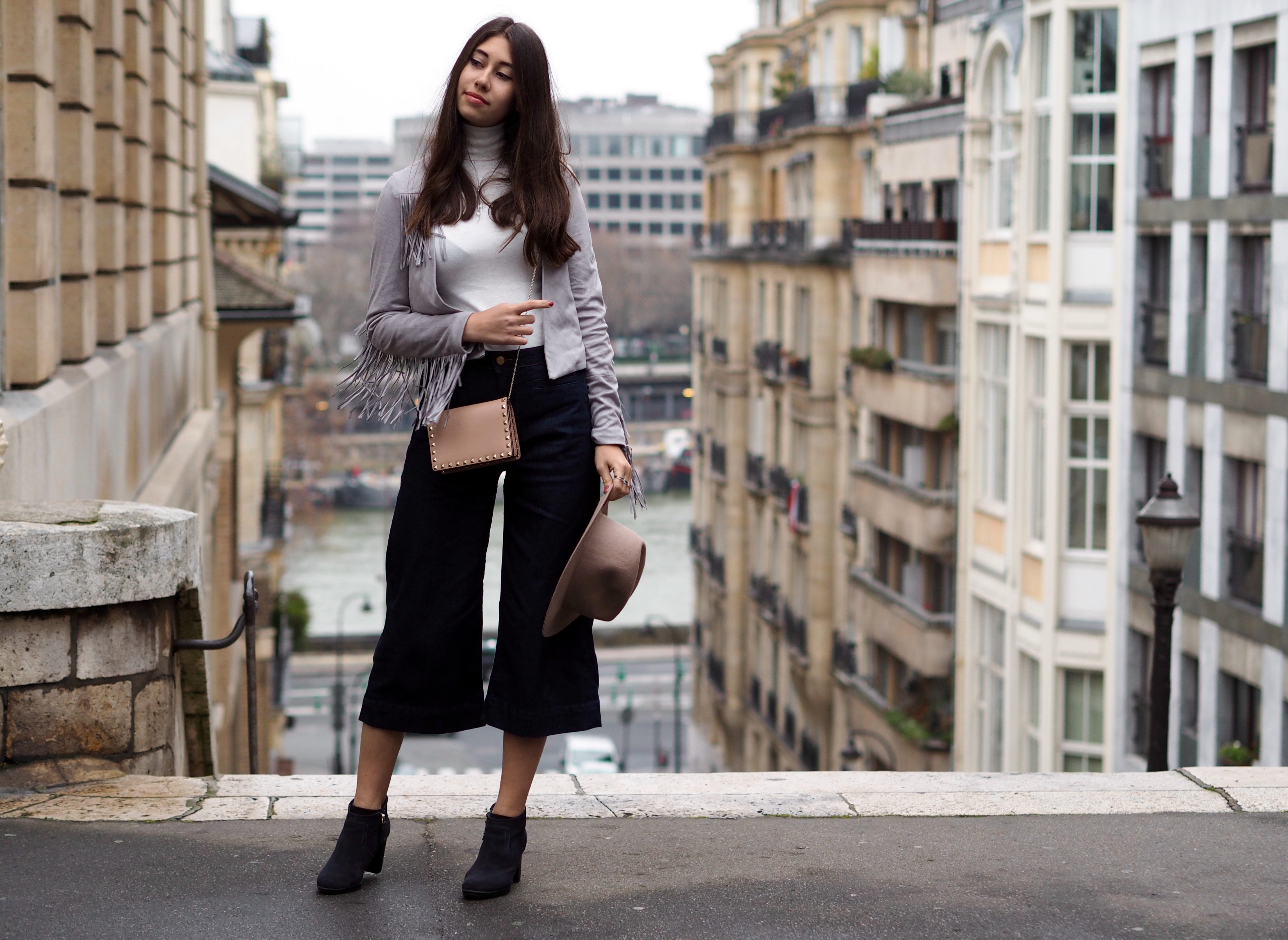 denim culottes and fringe jacket monshowroom