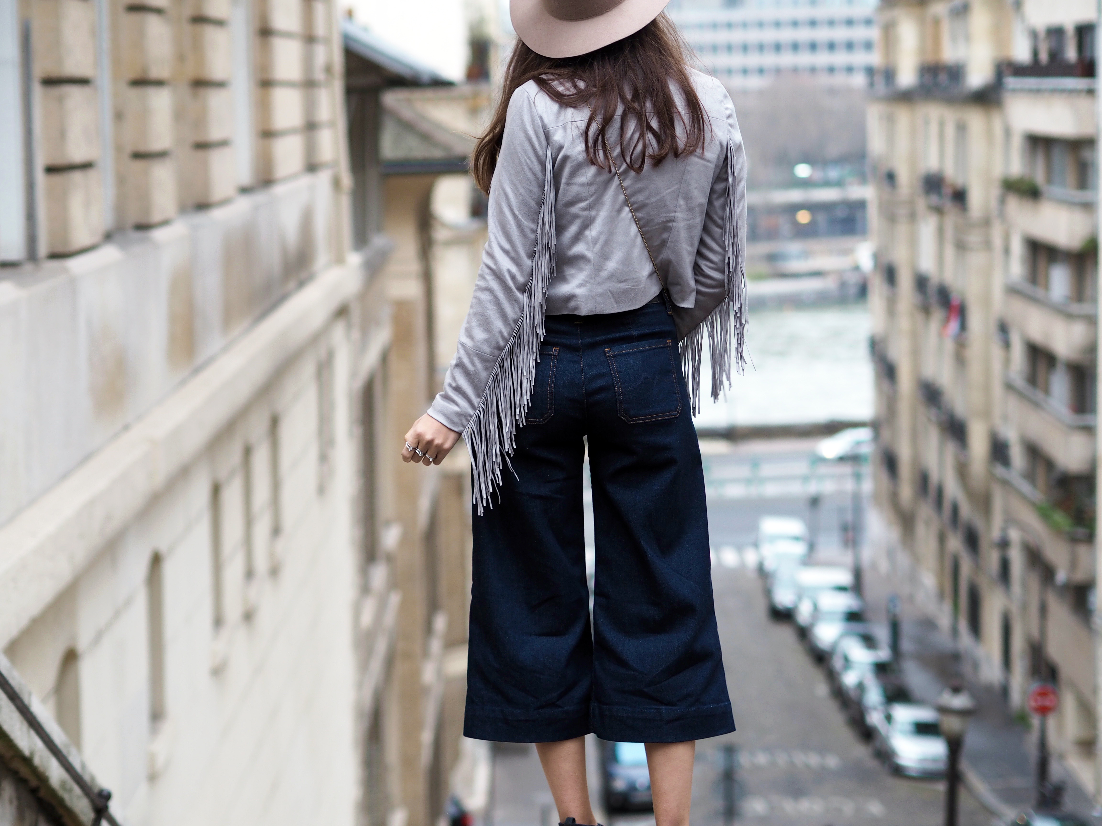 denim culottes and fringe jacket monshowroom
