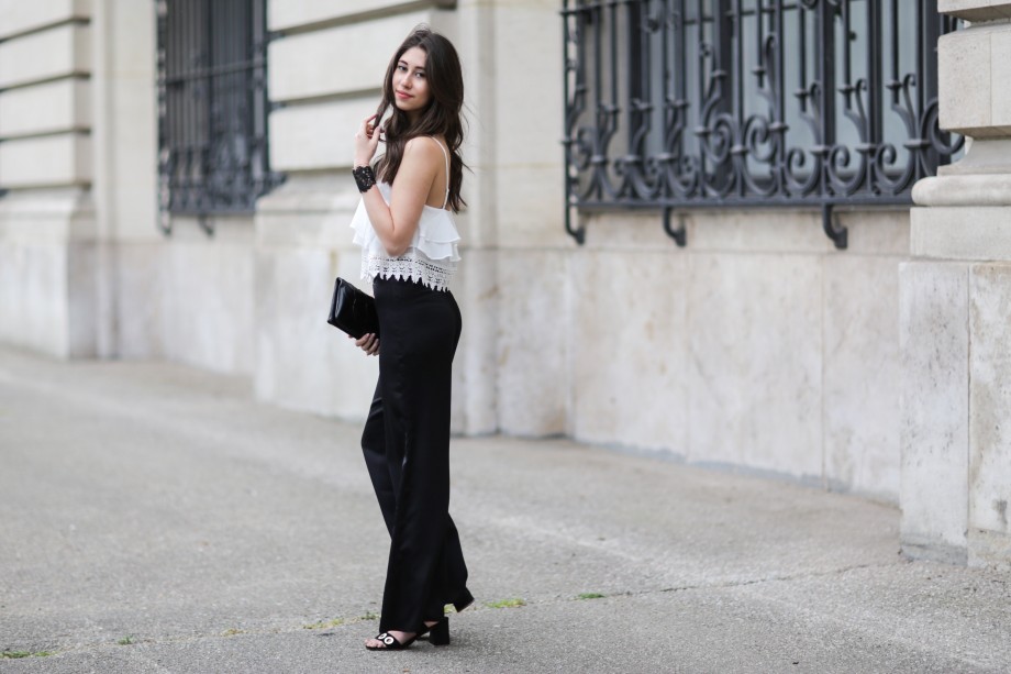 glamorous top, lipsy trousers, stella & dot jewelry