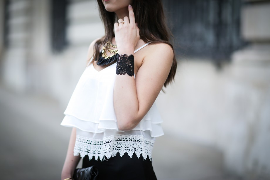 glamorous top, lipsy trousers, stella & dot jewelry