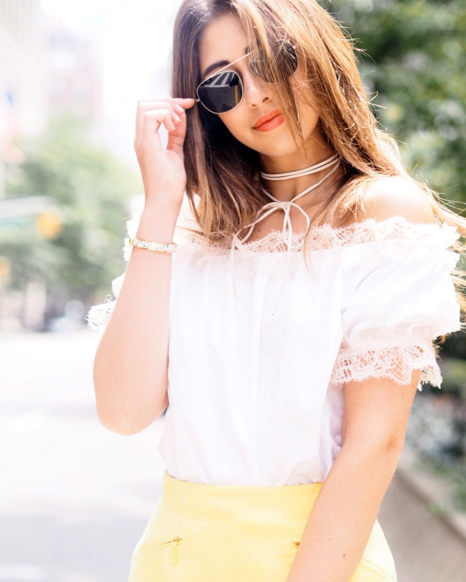 city chic off the shoulder top and yellow skirt