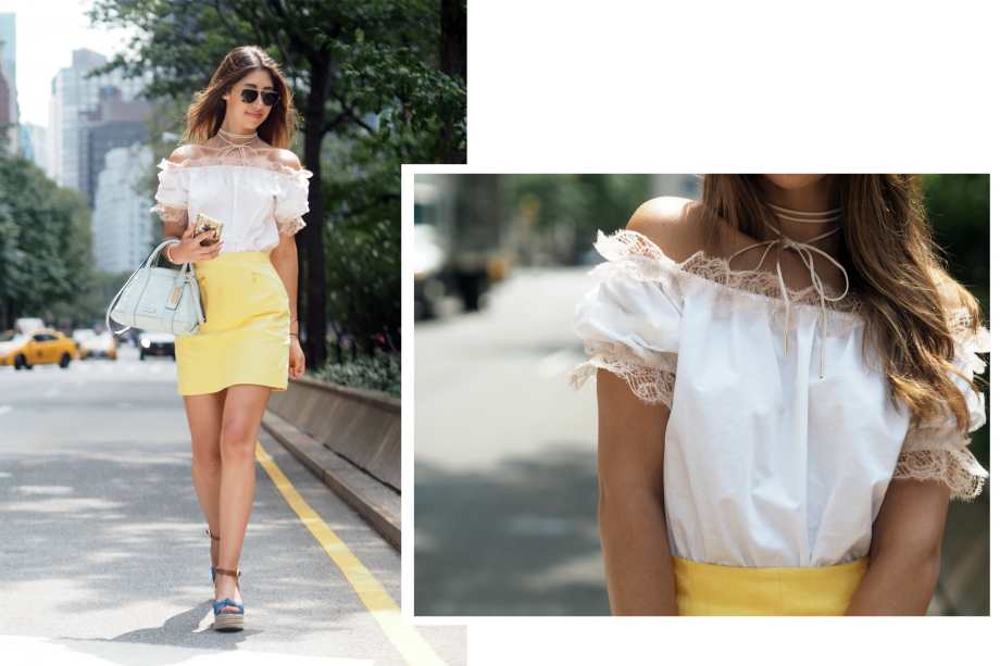 city chic off the shoulder top and yellow skirt