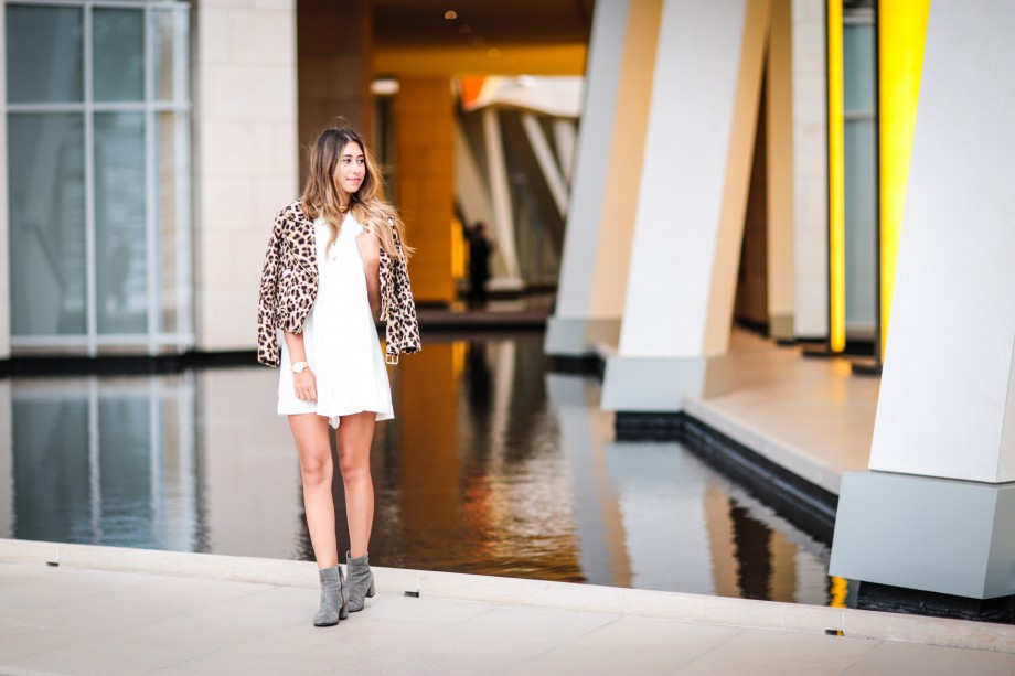 foundation louis vuitton wearing leopard jacket, zara white romper, baublebar choker