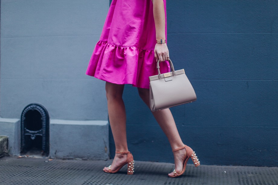 london fashion week streetstyle pink dress, russell and bromley shoes, aspinal bag
