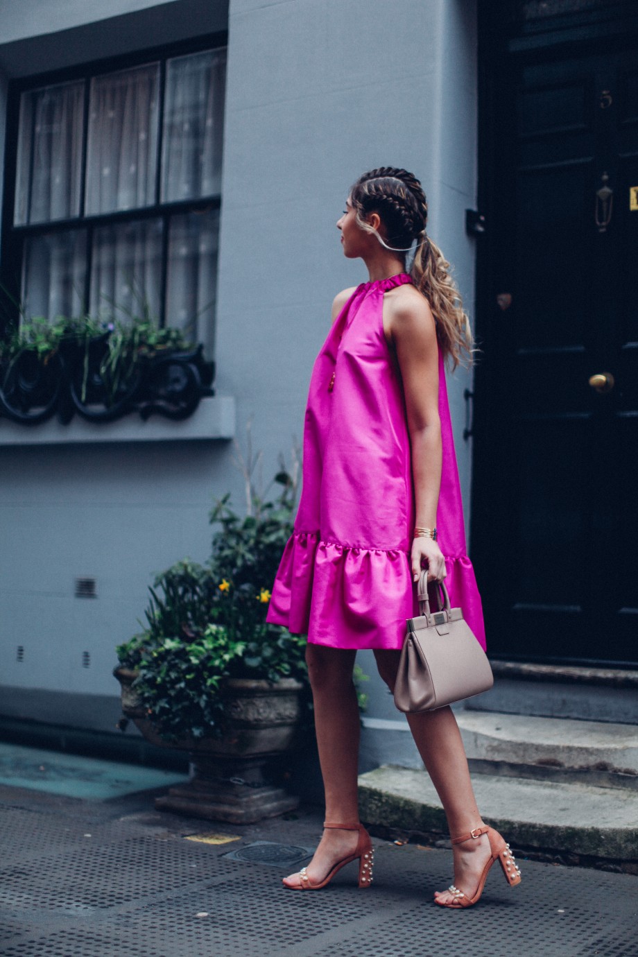 london fashion week streetstyle pink dress, russell and bromley shoes, aspinal bag