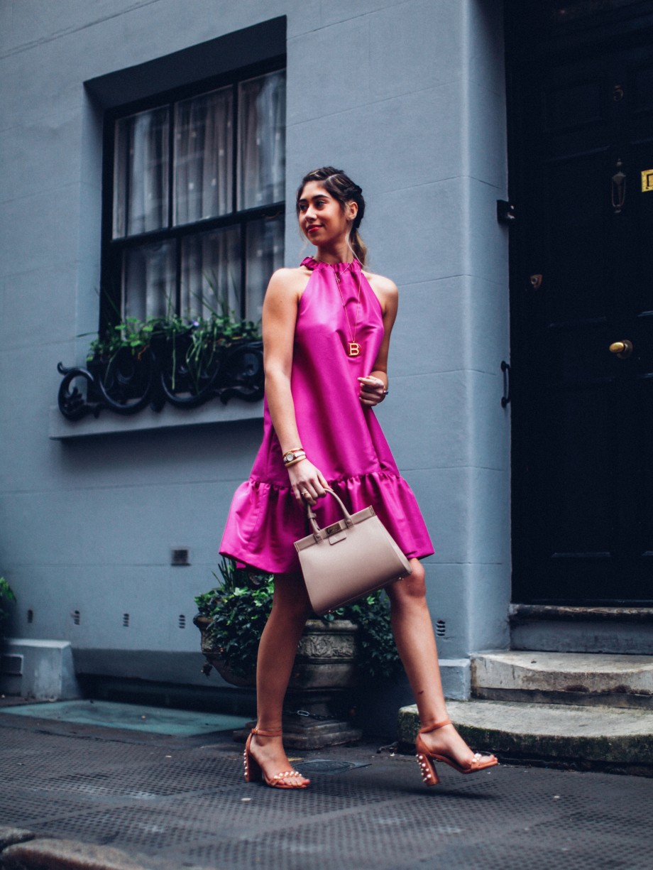 london fashion week streetstyle pink dress, russell and bromley shoes, aspinal bag